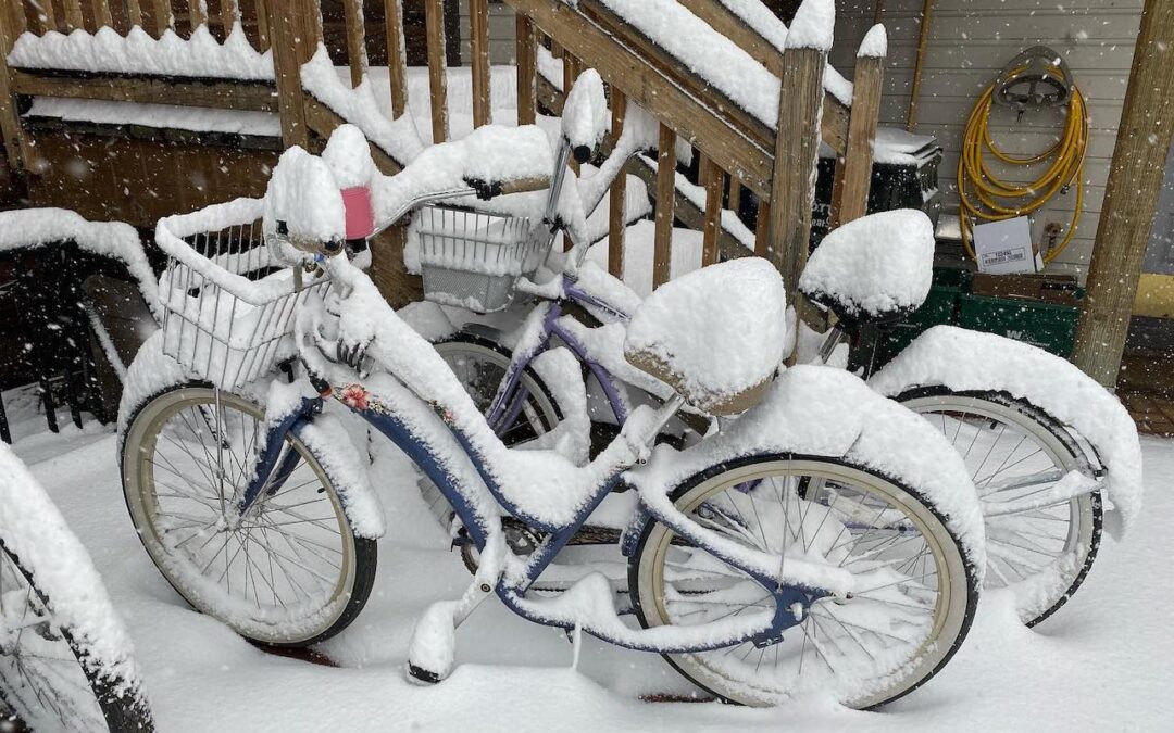 Townie bikes covered in snow.
