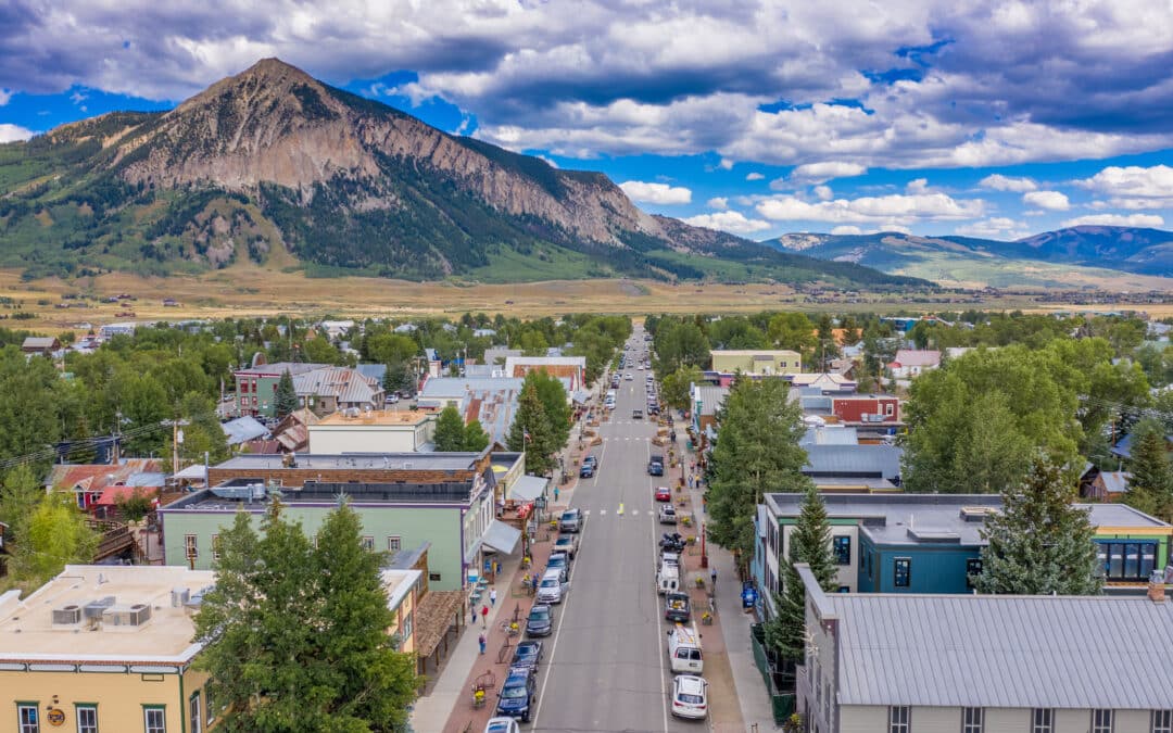 Drone image looking down Elk Avenue - Crested Butte, CO