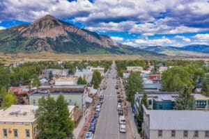 Drone image looking down Elk Avenue - Crested Butte, CO