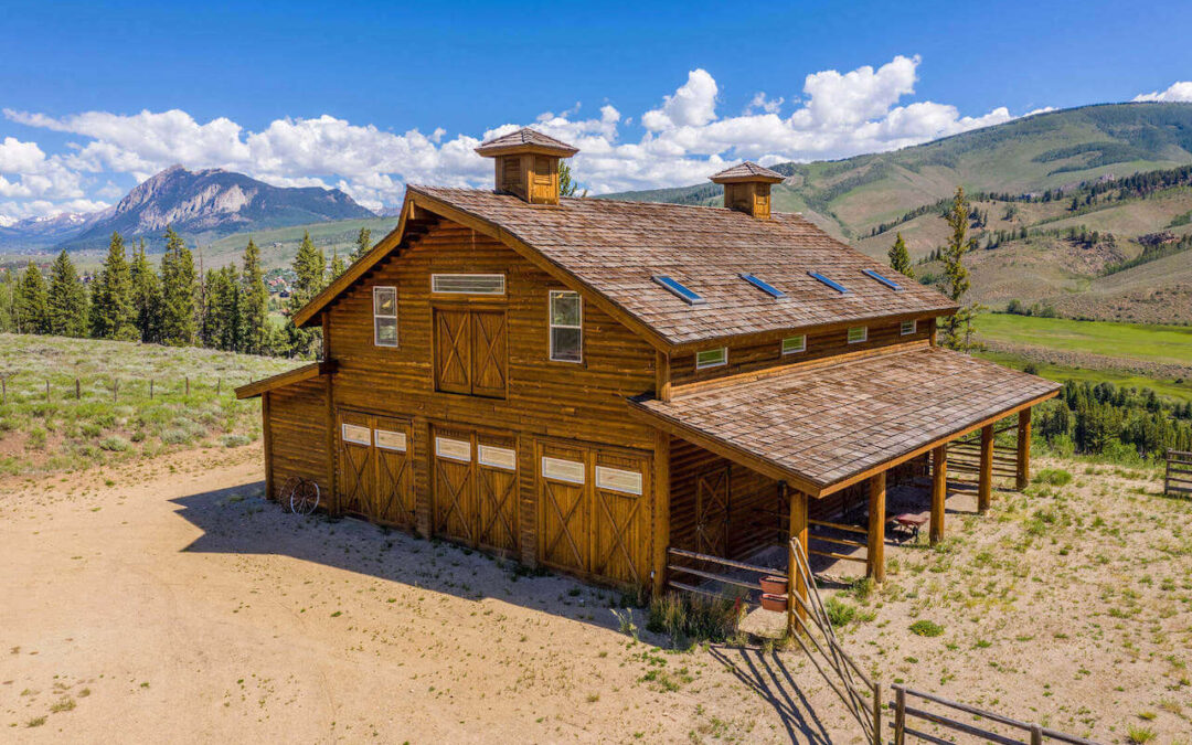 Crested Butte Real Estate - aerial view of the barn at 710 Red Mountain Ranch Road, Crested Butte (MLS 771345)