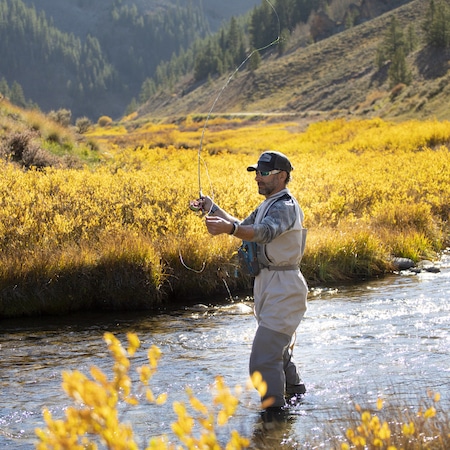Man fly fishing in river surrounded by fall foliage.