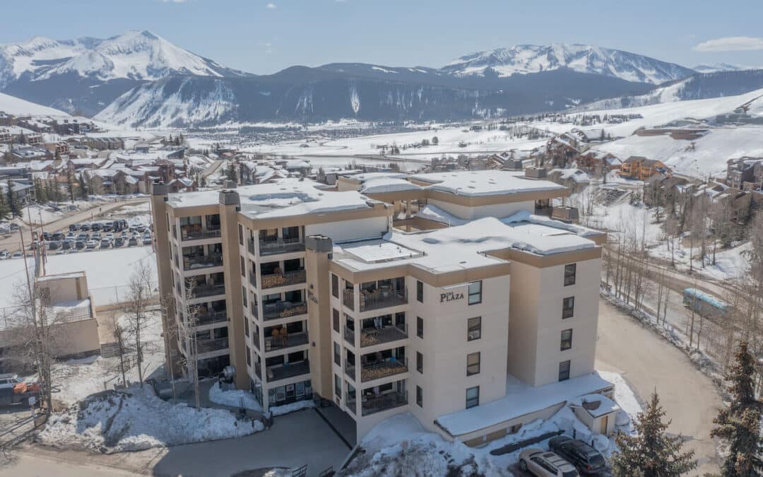 Crested Butte Real Estate - aerial view of the Plaza at Wood Creek condo complex - 11 Snowmass Road, unit 540