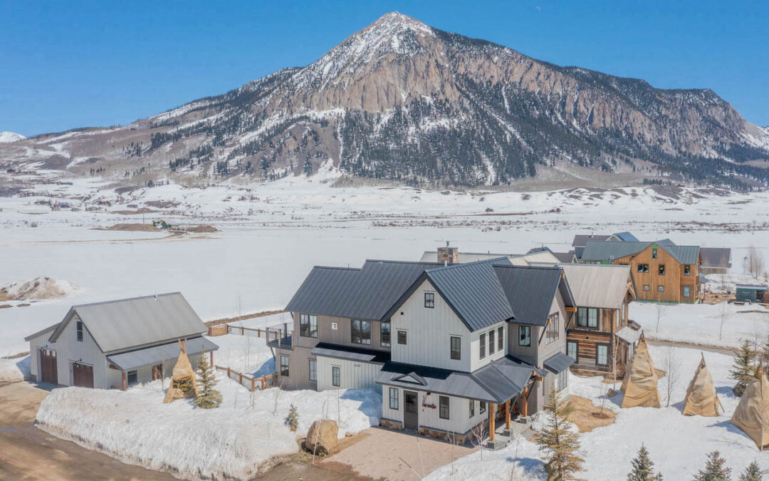 Aerial view of 915 Belleview Avenue, Crested Butte real estate. Mt. Crested Butte in background.