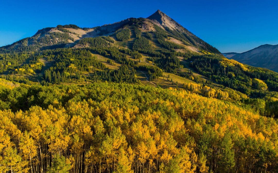 Crested Butte real estate - aerial image of Mt. Crested Butte covered in fall foliage