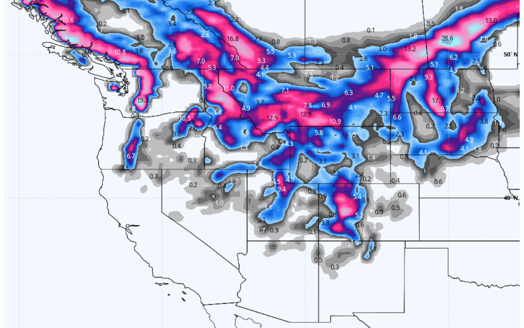 Crested Butte real estate Powder Alert! Crested Butte may be looking forward to a snowy weekend! Weather map showing significant snow for parts of the Rocky Mountain region.