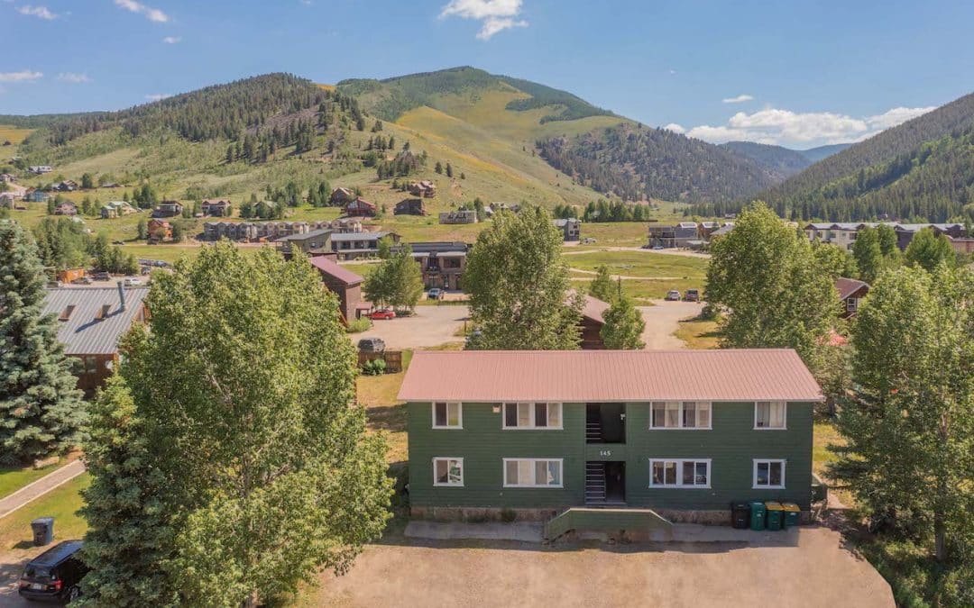 Crested Butte real estate - aerial image of the front of 145 Teocalli Road. This fourplex condo unit is in the heart of CB South.